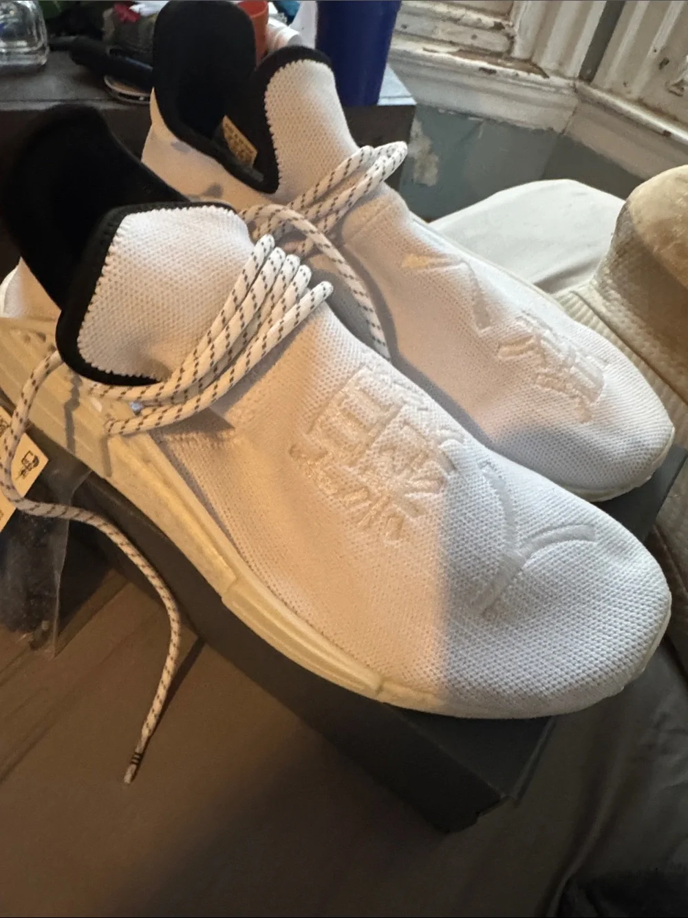 adidas Kids White Knit Slip-On Sneakers with Black Collar